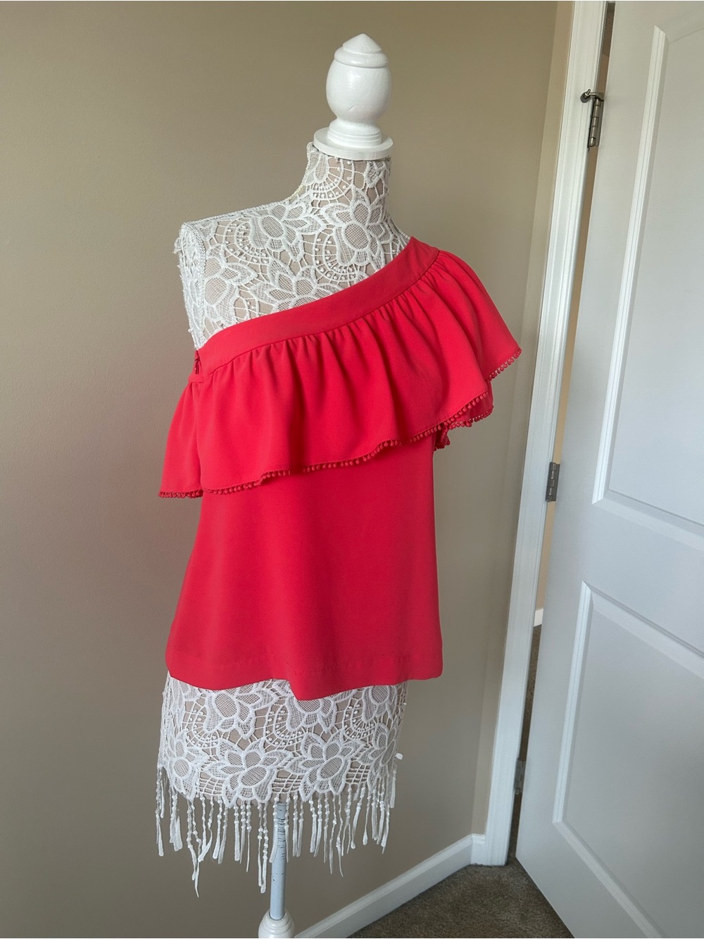 Trina Turk One-Shoulder Ruffle Camisole in Coral Red
